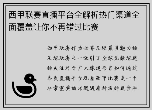 西甲联赛直播平台全解析热门渠道全面覆盖让你不再错过比赛